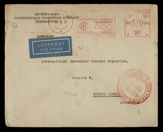 DR WHO 1938 SWEDEN ZEPPELIN FLIGHT METERED ADVERTISING TO ARGENTINA R83455