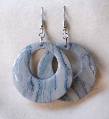 Handcrafted Silver Round Polymer Clay And Resin Blue White Earrings