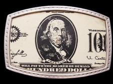 IA13171 VINTAGE 1970s 100 DOLLAR BILL STICKER SILVERTONE BUCKLE