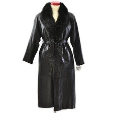 70s Vintage Black Leather Wrap Coat w. Rabbit Fur Shawl Collar Womens L