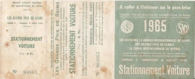 1965 LES GRANDS PRIX DE REIMS F2 & 12 HOURS ORIGINAL CAR PARKING TICKET PASS - Image 1 of 2