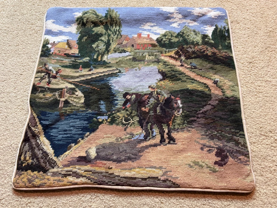 NEW Wool Needlepoint Pillow Cover French Countryside House Fishing Horse 18" - Image 2 of 4