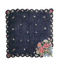 Vintage Blue Floral Print Handkerchief Scalloped Border Bouquet Corner