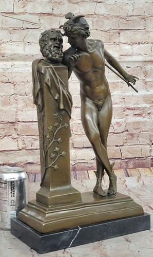 Signed Moulin Bronze Mercury Statue Leaning Hermes Artwork on Marble Base Decor - Picture 2 of 10