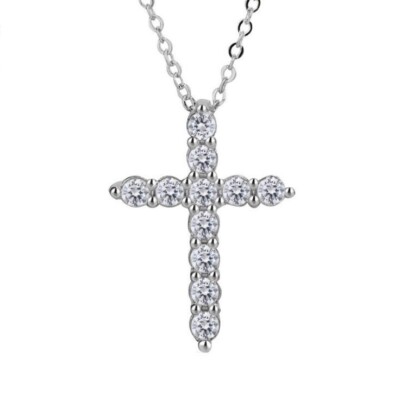 Sterlng Slver and Pave CZ Cross Necklace wth Fleur de L, Cubc