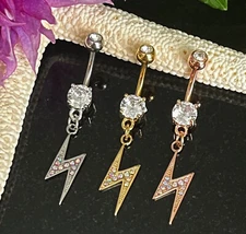 1pc CZ Gem Paved Lightning Bolt Surgical Steel Belly Ring Navel Naval