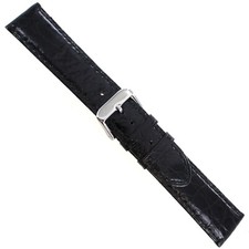 22mm deBeer Black Shiny Genuine Crocodile Padded Stitched Mens Watch Band Long