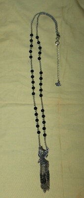 Harley Davidson Silver Eagle & Black Bead Tassel Necklace - Hard 