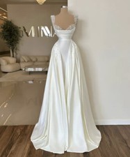 Satin Mermaid Wedding Dresses V Neck Pearls Beaded Pleated Backless Bridal Gowns