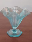 Aquamarine BLUE STRETCH Iridescent Glass COMPOTE Crimped Bonbon Hex VASE Ruffled