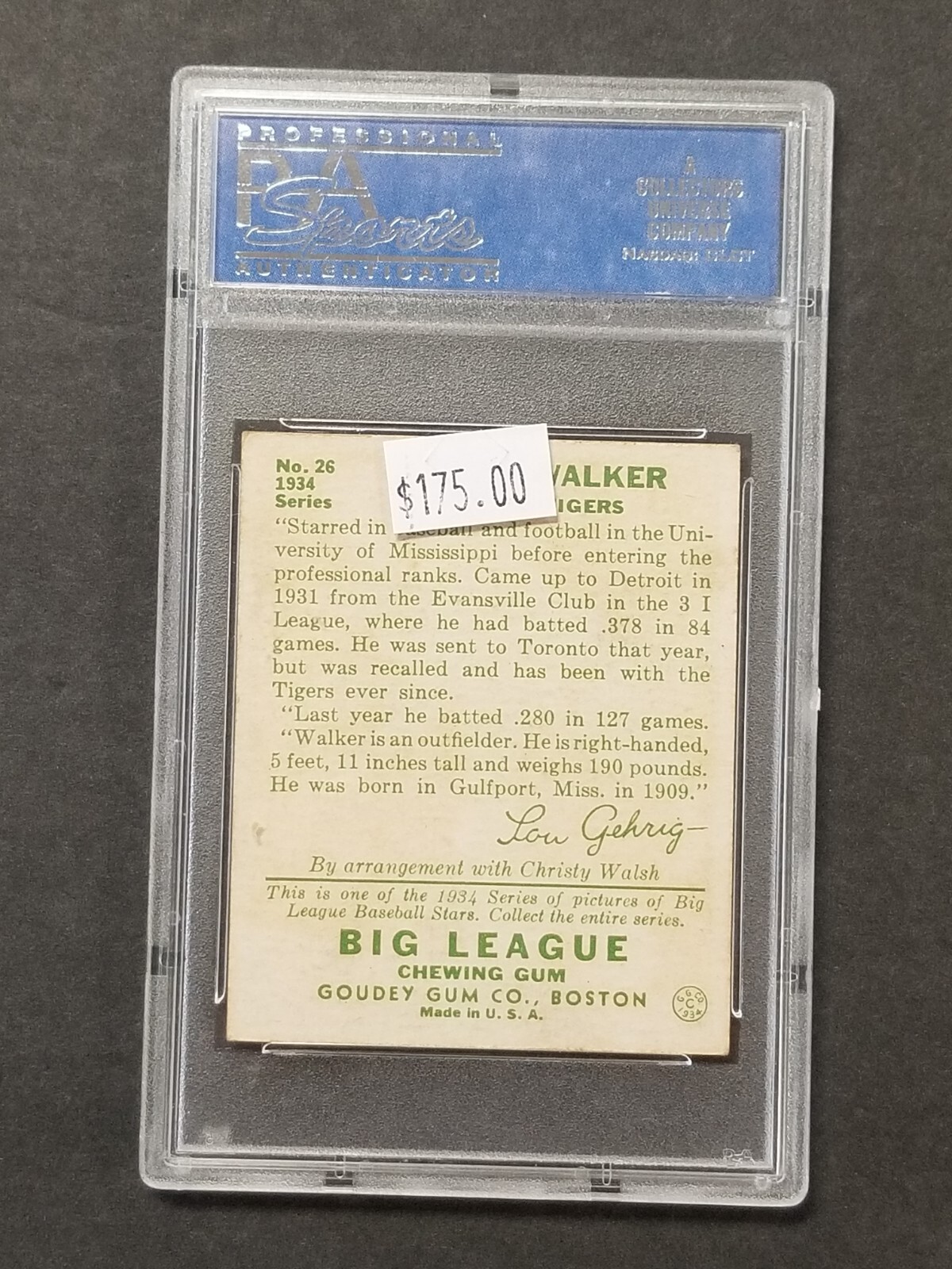 1934 GOUDEY BASEBALL CARD GERALD WALKER RC 26 GRADED PSA 6 EX MT DS 