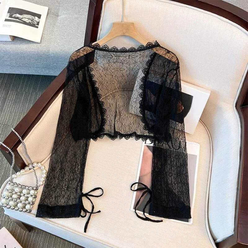 Donna Pizzo Trasparente Scialle Camicia Sottile Cardigan Floreale Fiocco Nappa - Immagine 2 di 4