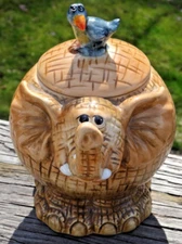 Ceramic 6" x 5.5" Lucky Trunk Up Elephant Jar w/ Bird on Lid by Home and Garden