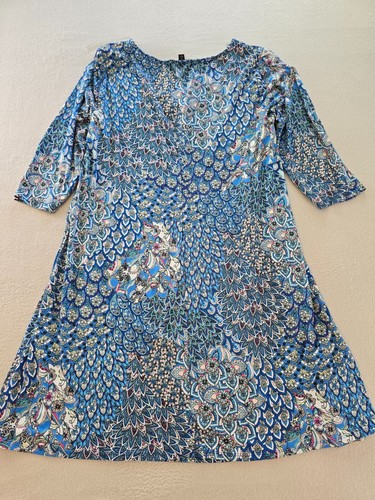 MSK Dress Womens Size 2X Blue Peacock Feather Print Stretch Front Ring Accent - Picture 2 of 10