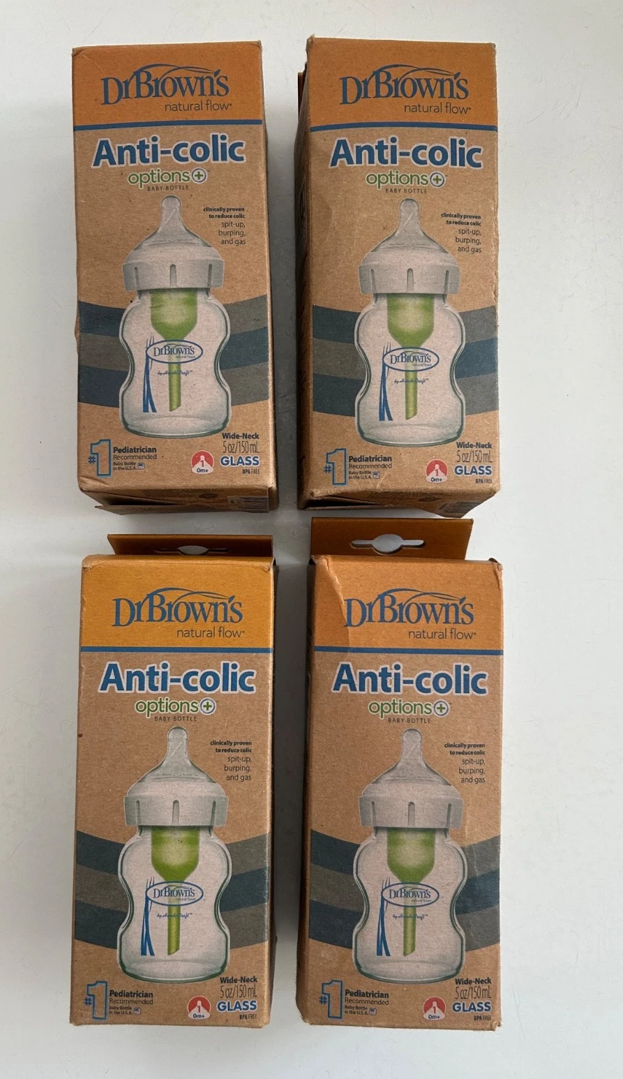 DR BROWNS Baby Bottle SET 4 ANTI COLIC 5-oz Glass Level 1 Newborn 0+ mo NEW Box