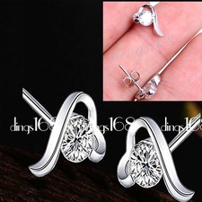 925 Sterling Silver Tarnish-Free Curved Heart Crystal Stud Post Earrings R782