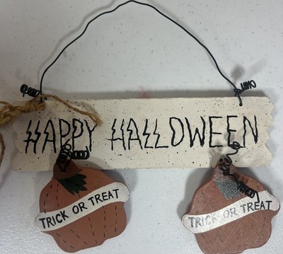   Happy Halloween Rustic Wood Sign with Dangling Pumpkins Trick or Treat Decor