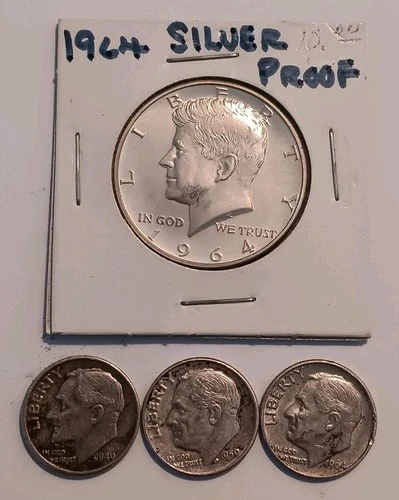 1964 Kennedy Half Dollar Silver Proof & 3 Silver Roosevelt Dime Lot