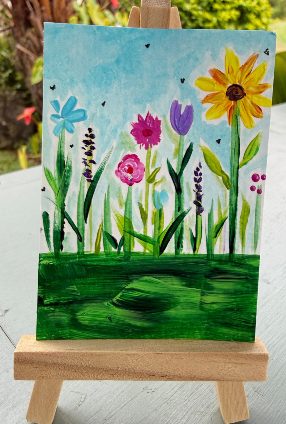ACEO/ATC Original Acrylic Flower Mini Painting, "Bee Heaven" Signed Art 3.5x2.5
