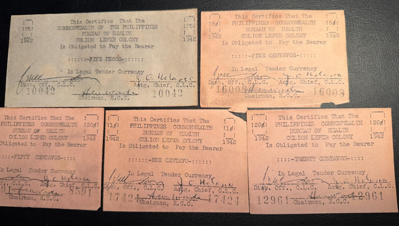 Rare WWII 1942 Philippines Culion Leper Colony Emergency Currency Note Lot of 5