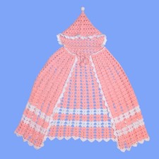 Vintage Handmade Crochet Toddler Hooded Cape Poncho Pink White Pom Poms Lace