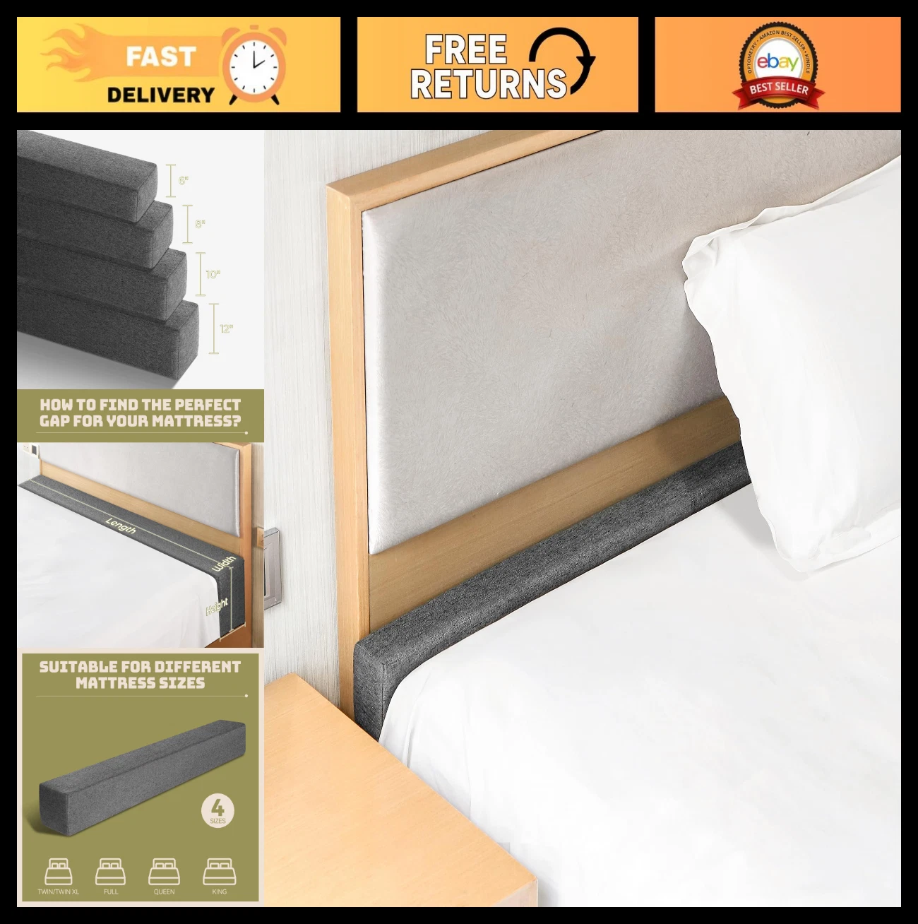 King Mattress Bed Gap Filler, High-Density Foam, Removable Washable Cover, 78"x2