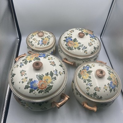 Vintage ASTA Enamelware 8pc Cooking Pots Old Amsterdam Floral Pattern