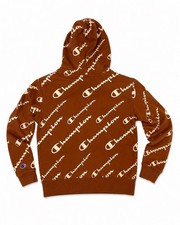 Champion Youth Medium Hoodie Sweatshirt Brown All Over Logo Print Unisex