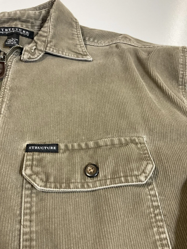Vintage Structure Corduroy 1/4 Jacket Sz XL Grunge Khaki Utility Shirt 90s - Image 3 of 4
