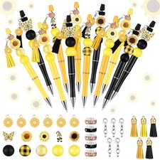 15 Sets Sunflower Beadable Pens Bulk Assorted Bead Pens Wood Crystal Round Sp...