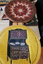 Lot Of 2 VTG Quilted Kitchen & Star Wall Hanging Wood Art Mounted On Hoops 14"