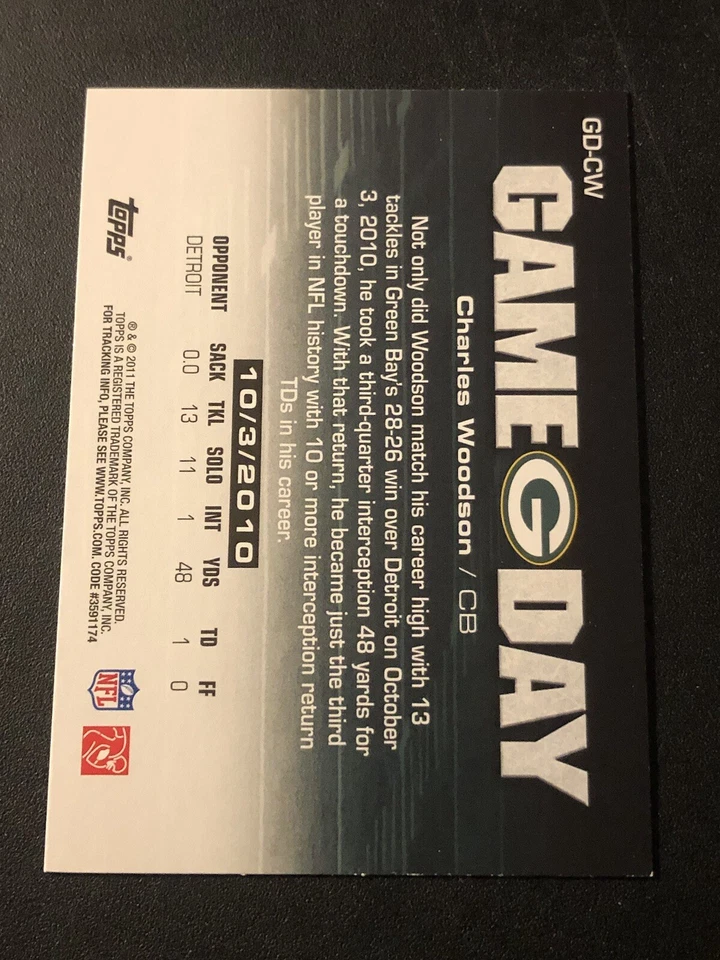 2011 Topps Game Day Charles Woodson #GD-CW HOF - Image 2 of 2