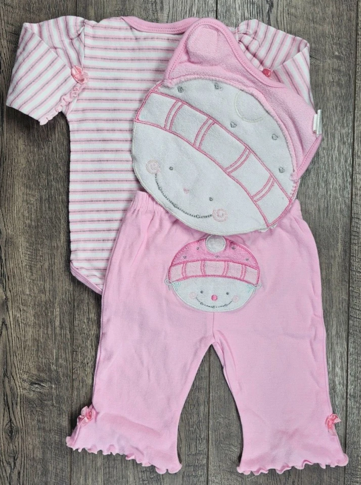 Baby Girl Clothes Bon Bebe 0-3 Month 3pc Pink Snowman Outfit & Bib - Image 4 of 4