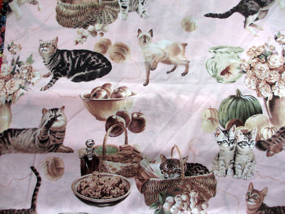 Kaufman OOP Cotton Fabric LARGE CATS KITTENS FISH BALLS OF YARN  BTY