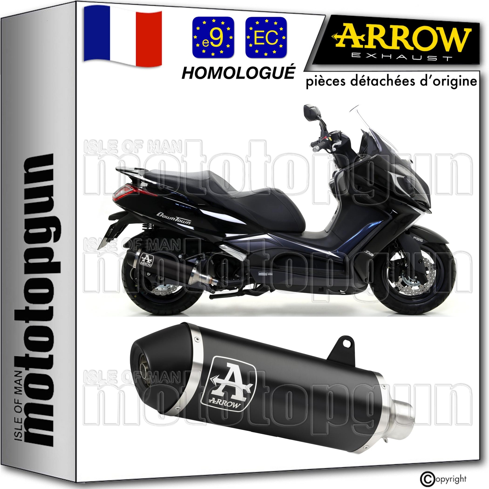 Pot echappement Arrow noir homologué améliore la sonorité du Kymco Downtown 350i