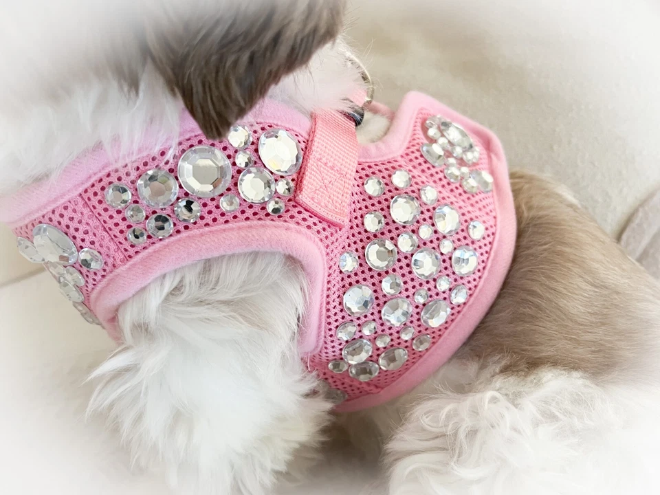 Arnés Step-in rosa polvo, arnés para perros sin tirar, arnés para perros pequeños, estrás Foto 4 de 4