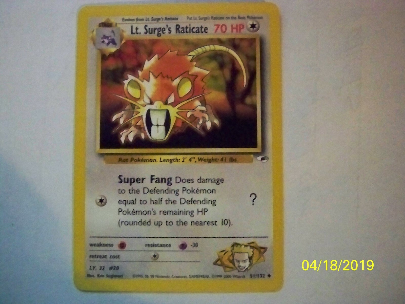 Lt. Surge's Raticate 51/132 Gym Heroes UNCOMMON Pokemon Card NEAR MINT