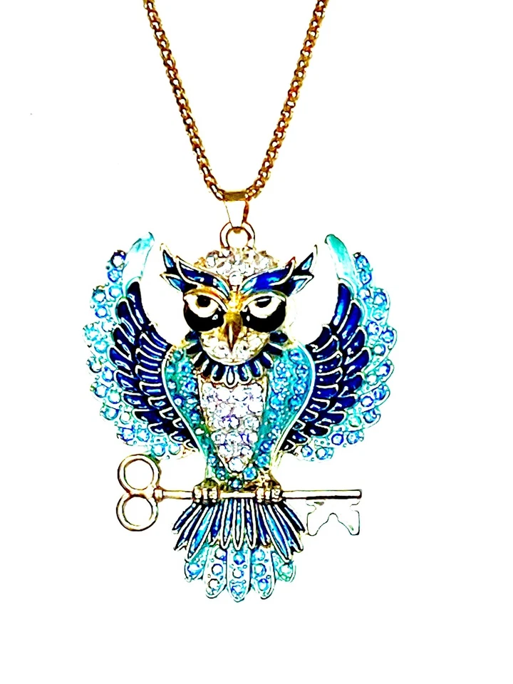 Ожерелье Betsey Johnson Blue AB Crystal Enamel Owl Perched on Golden Key СНЯТО С ПРОИЗВОДСТВА - Изображение 3 из 4
