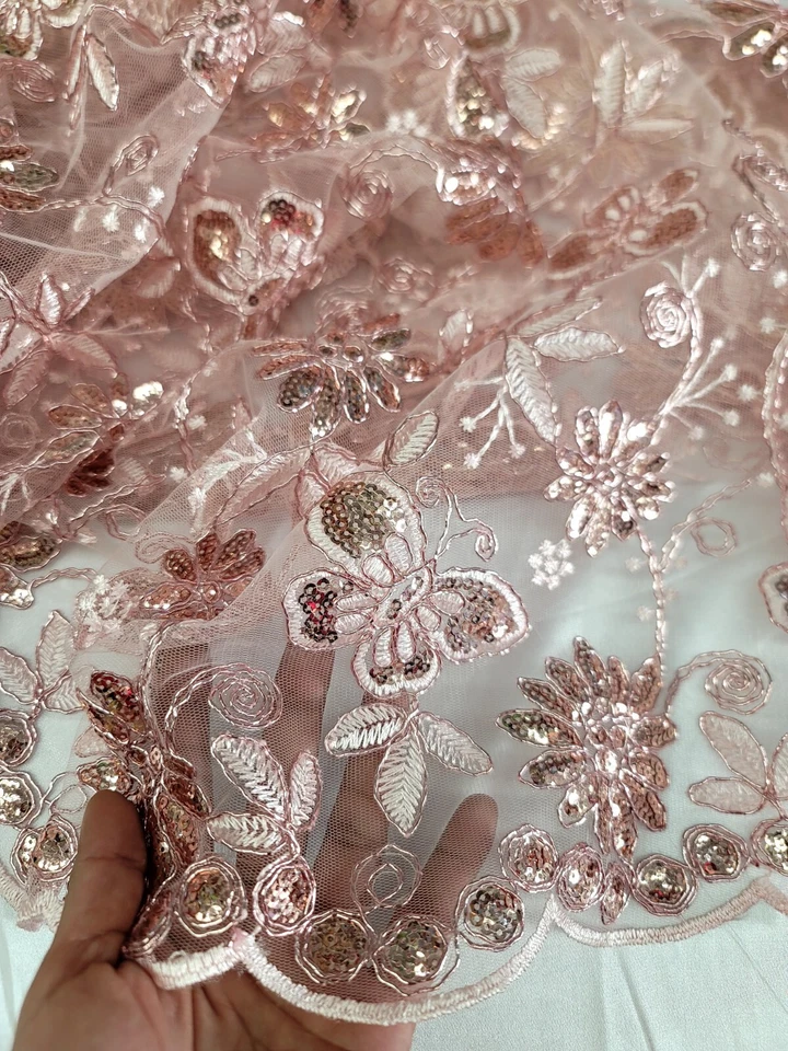 Blush Pink Embroidered Lace Butterflies Sequins Fabric By Yard Quinceañera - Image 3 of 4