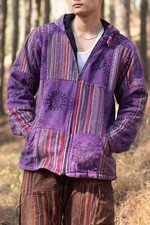 Purple Patchwork Cotton Fleece Winter Jacket, Unisex Hippie Jacket with Hoodie