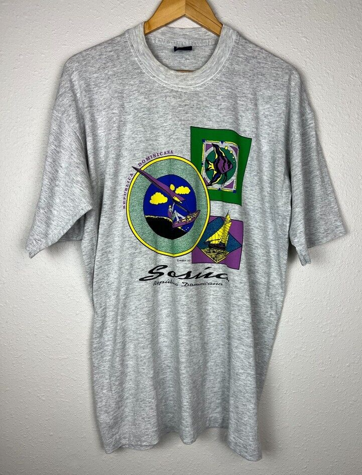 T shirt Vintage Fila (L XL) SOSUA Dominicana Grigio Heather Punto Singolo