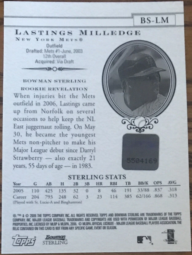 Bowman Sterling 2006 novato autógrafo Lastings Milledge BS-LM New York Mets Foto 2 de 2