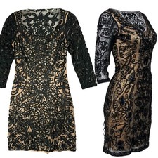 Sue Wong Nocturne Beaded Gem Soutache Sheath Dress Size 2 Black Floral Lace Sexy