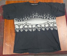 JNCO Vintage Wrap Around Flames Skulls T-Shirt Sz L RARE 90s Black EUC
