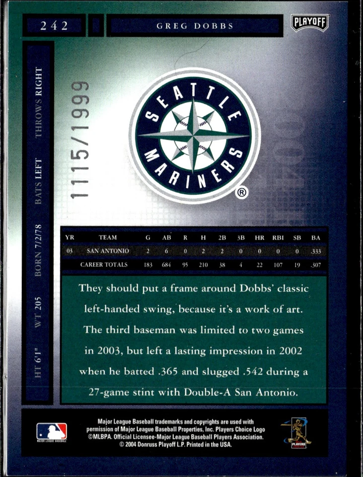 2004 Playoff Honors #242 Greg Dobbs Seattle Mariners RC /1999 - Image 2 of 2