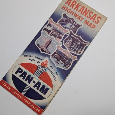 1950 Arkansas Highway Map Pan-Am Gas Station Road Map Hot Springs National Park