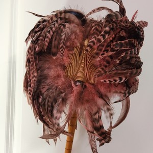 Edwardian Style Feather Hand Fan with Wood Handle Art Decor Browns Pinks