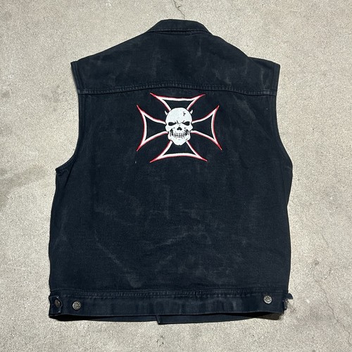 Black Denim Biker Vest Skull Iron Cross Embroidered Punk Grunge Vintage XXL