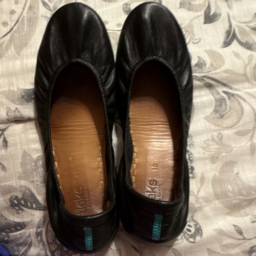 Tieks Women’s Black Leather Ballet Flats US 10 Green Sole Slip-On Logo
