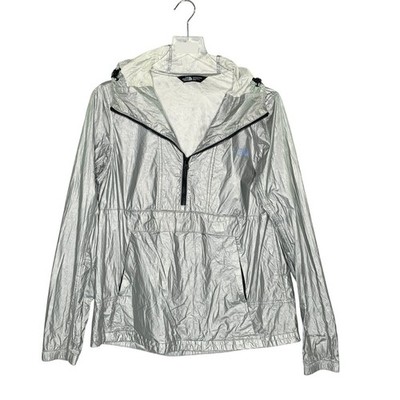 The North Face Womens Crew Run Wind Anorak Rain Jacket M Shiny Silver Metallic